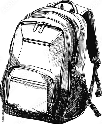 Detailed black and white sketch of a backpack with multiple compartments. Vector illustration