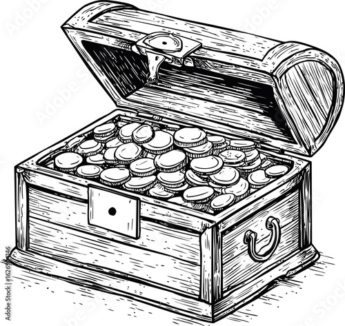 Wooden treasure chest filled with gold coins in a detailed ink. Vector sketch illustration