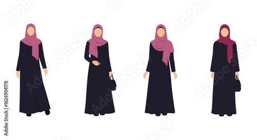 Four stylish muslim women wearing traditional abaya and hijab in different poses