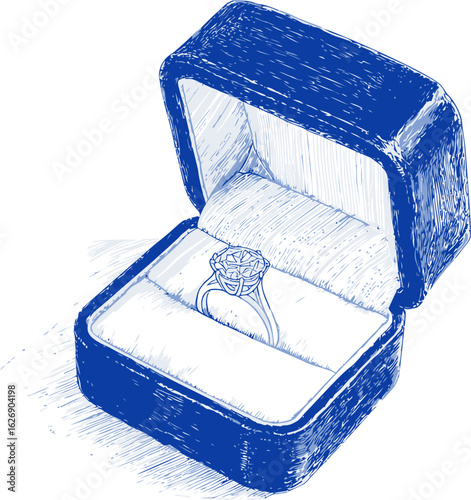 Blue sketch of ring in a luxurious velvet box, jewelry concept. Vector illustration
