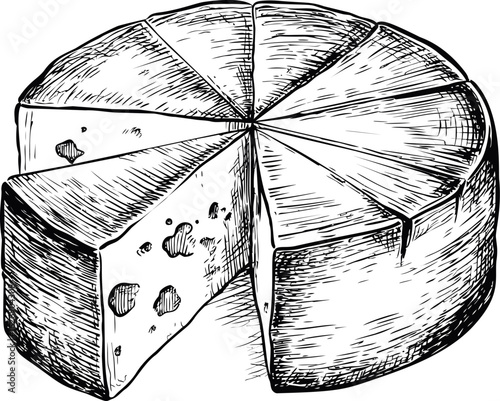 Sliced wheel of cheese in detailed black and white sketch style. Vector illustration