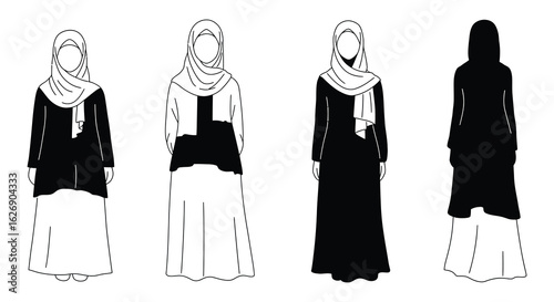 Four women wearing traditional islamic clothing including hijabs and modest dresses in a sketch style