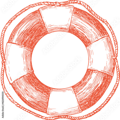 Red and white vintage lifebuoy with rope in nautical style. Vector sketch illustration