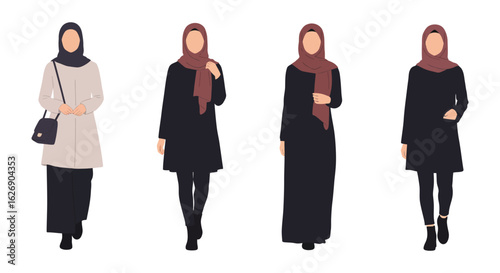 Four diverse muslim women in stylish hijabs and modest islamic fashion outfits standing confidently