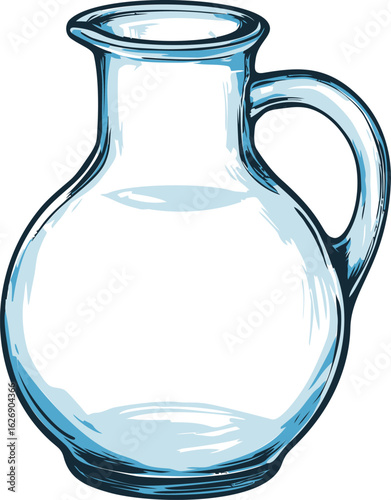 Transparent glass pitcher with curved handle and artistic highlights. Vector illustration
