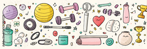 Colorful Illustration of Gym Equipment Fitness Gear and Workout Accessories for Healthy Lifestyle and Exercise Motivation