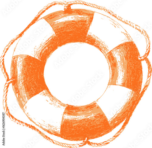 Orange and white lifebuoy ring illustrated with sketchy texture on white background. Vector illustration