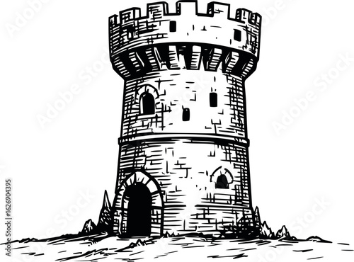 Medieval stone tower drawing with arched doorway in black and white sketch style. Vector illustration