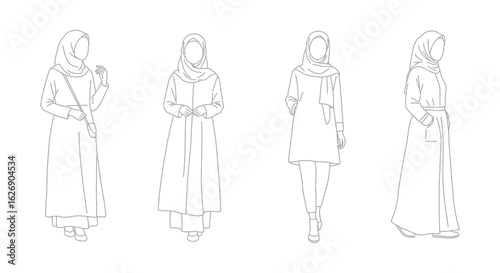 Fashion illustration of four women in elegant long dresses and headscarves presented in a clean line art style