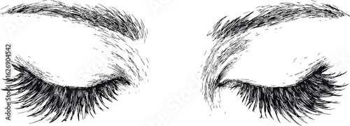 Elegant sketch of closed eyes with thick eyelashes and arched eyebrows. Vector illustration