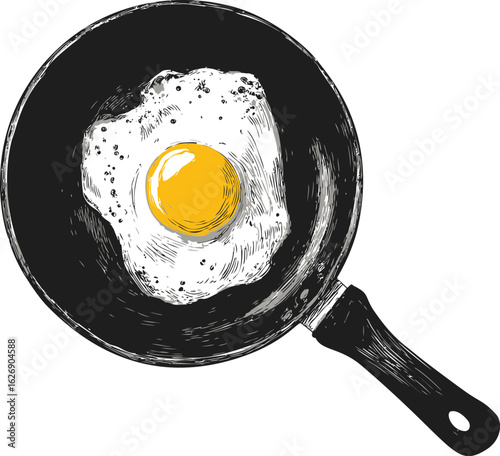 Illustration of a fried egg in a black skillet. Vector illustration