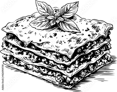 Black and white sketch of layered lasagna with basil garnish. Vector illustration