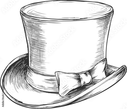 Vintage sketch of a classic top hat with a bow tie in detailed black and white. Vector illustration