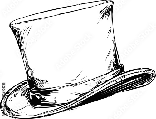 Black and white sketch of a classic top hat in vintage style. Vector illustration