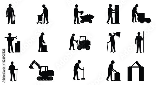 Collection of silhouettes representing various construction and manual labor jobs and activities