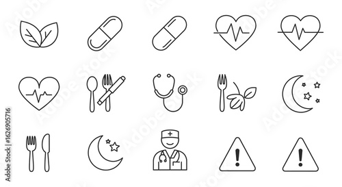 Collection of hand drawn medical and health icons representing wellness and healthy lifestyle choices