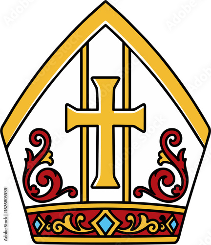 Ornate Bishop Mitre Vector Illustration with Gold Cross and Baroque Floral Accents