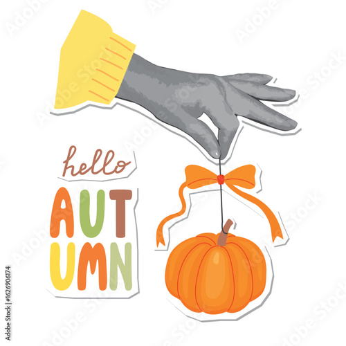 Hello autumn poster collage with photorealistic hand, decorative pumpkin with bow, lettering. Cartoon objects with paper cut shapes. Orange, yellow, green, brown colors on a white. Vector illustration