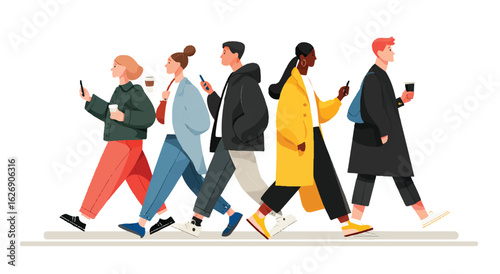 Diverse group of young adults walking and using smartphones illustration for modern lifestyle and technology concept