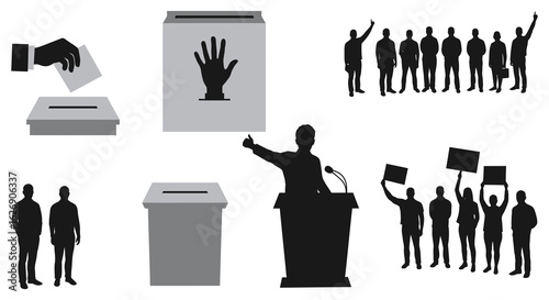 Collection of silhouettes representing voting elections and political demonstrations with ballot boxes and speakers