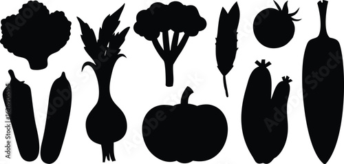 Black silhouettes of various vegetables and produce broccoli cauliflower