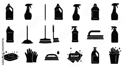 Collection of household cleaning supplies and tools for a spotless home environment