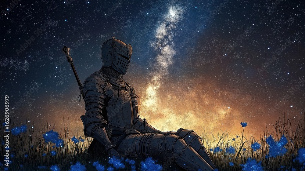 Fototapeta premium Knight in armor sitting on grass with blue flowers under starry anime night sky.