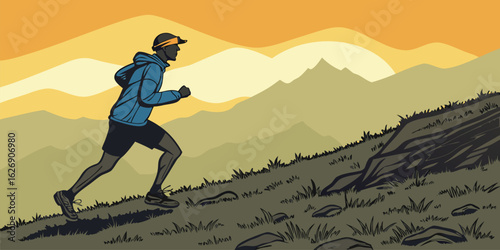 Man running uphill through mountains at sunset vector