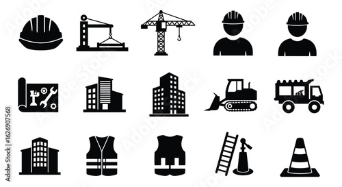 Collection of construction industry icons including hard hats cranes buildings workers vehicles safety gear and traffic cone