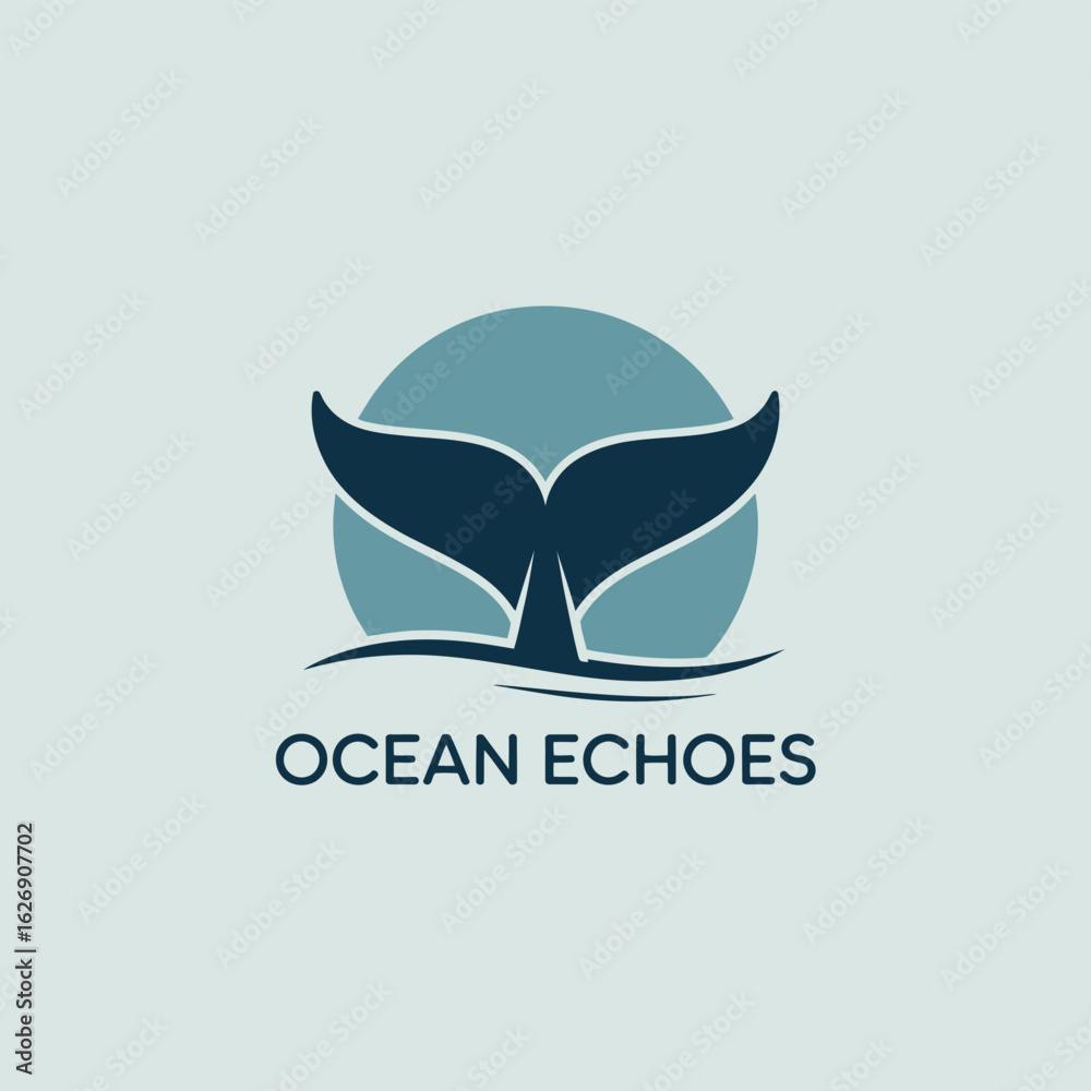 Obraz premium Ocean Echoes Logo Featuring Whale Tail Silhouette Emerging from Water, Symbolizing Marine Conservation Efforts