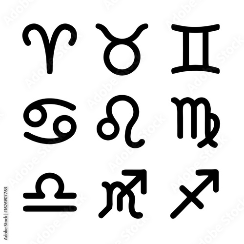 Astrology zodiac signs icon collection. Black linear glyphs of aries, taurus, gemini, cancer, leo, virgo, libra, scorpio, sagittarius for horoscopes.