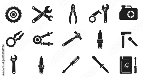 Collection of automotive and mechanical tools and equipment icons for repair and maintenance
