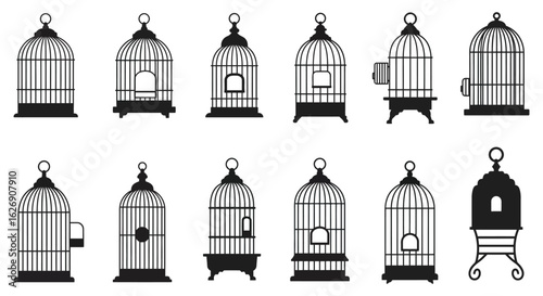 Collection of twelve decorative vintage bird cages in silhouette various styles and sizes