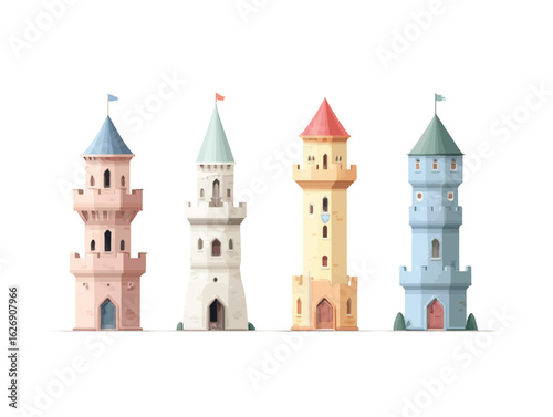 Four Cartoon Castle Towers with Different Architectural Styles and Colors on a White Background Illustration
