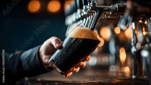 Dark beer being poured from tap into glass. Craft beer and pub culture concept.
