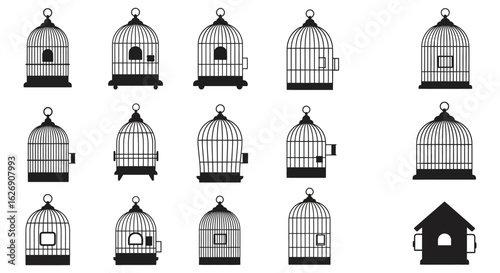 Collection of vintage and ornate bird cages in various shapes and sizes presented in a silhouette style
