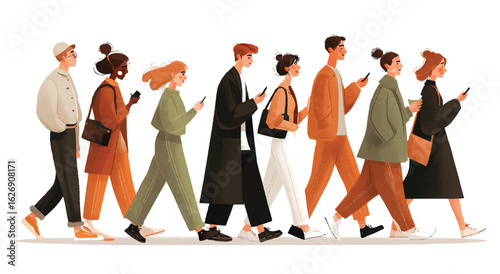 Group of Diverse People Walking and Using Mobile Phones Represents Modern Life and Technology Dependence