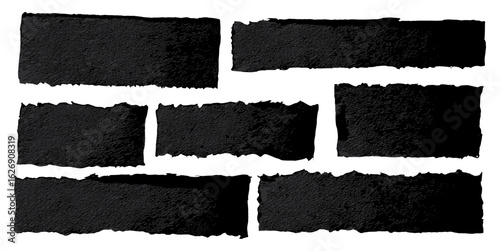 Ripped torn black paper set with jagged edges isolated on white background. Vector flat lay for scrapbooking, collage, message cards, banners, craft design, paper textures