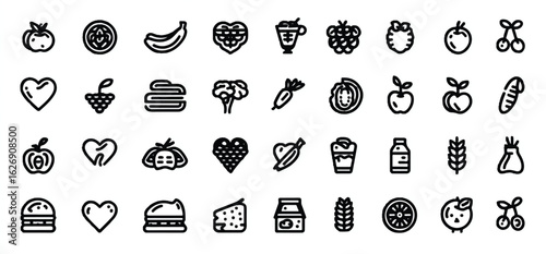 Healthy Food Icon Set representing Fruits Vegetables Dairy and More offering a simple black and white visual