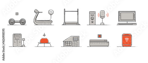 Line Art Icon Set Representing Smart Home Gym and Fitness Equipment Technology with Internet of Things Connectivity