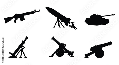 Collection of military weapon silhouettes including a rocket tank rifle and artillery pieces on white background