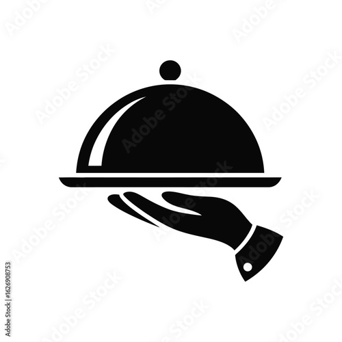 Minimalist black silhouette of a hand holding a cloche-covered tray—symbolizing hospitality, catering, and restaurant service presentation