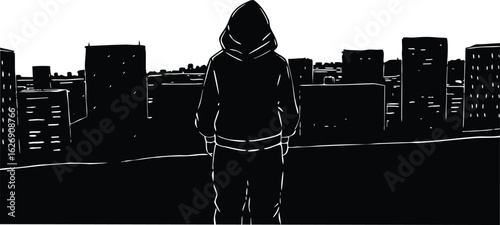 Silhouette person standing against cityscape hooded urban