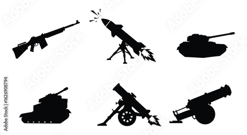 Collection of black silhouettes of military weapons and vehicles on a white background