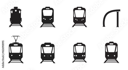 Collection of diverse tram and train front view silhouette icons representing urban public transportation and rail travel