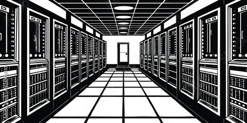 Black and white illustration of a server room data center with rows of computer racks perspective view