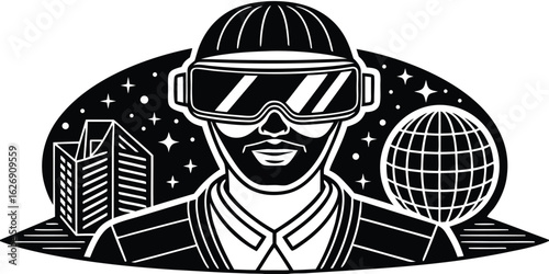 Futuristic male avatar experiencing virtual reality world exploration with a globe and a stylized cityscape in a digital illustration