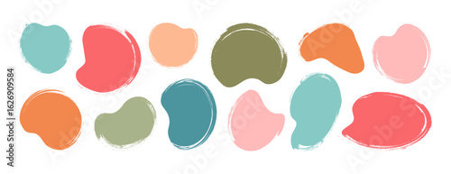 Brush shape, round paint stain, crayon doodle, color grunge blob, sketch drawing ink scribble, organic badge spot, irregular pastel texture, child round form isolated on white bg. Vector illustration