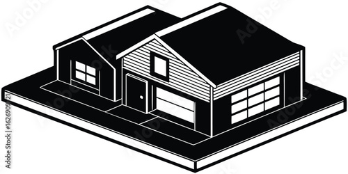 Isometric view illustration of a modern house in a minimalist black and white graphic style perfect for real estate marketing