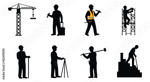 Silhouettes of construction workers engaged in various tasks on a white background